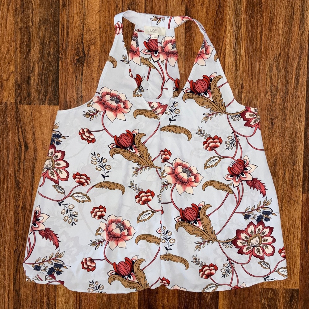 LOFT Women Blue Floral Racerback Tank Top V-Neck Pleated Back Blouse XS